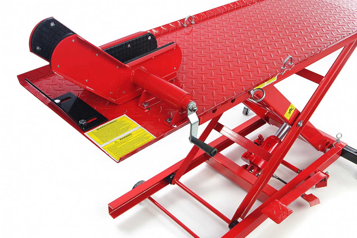 Hydraulický motocyklový zvedák 100, zvednutí až 360 kg, hmotnost 100 kg, červený