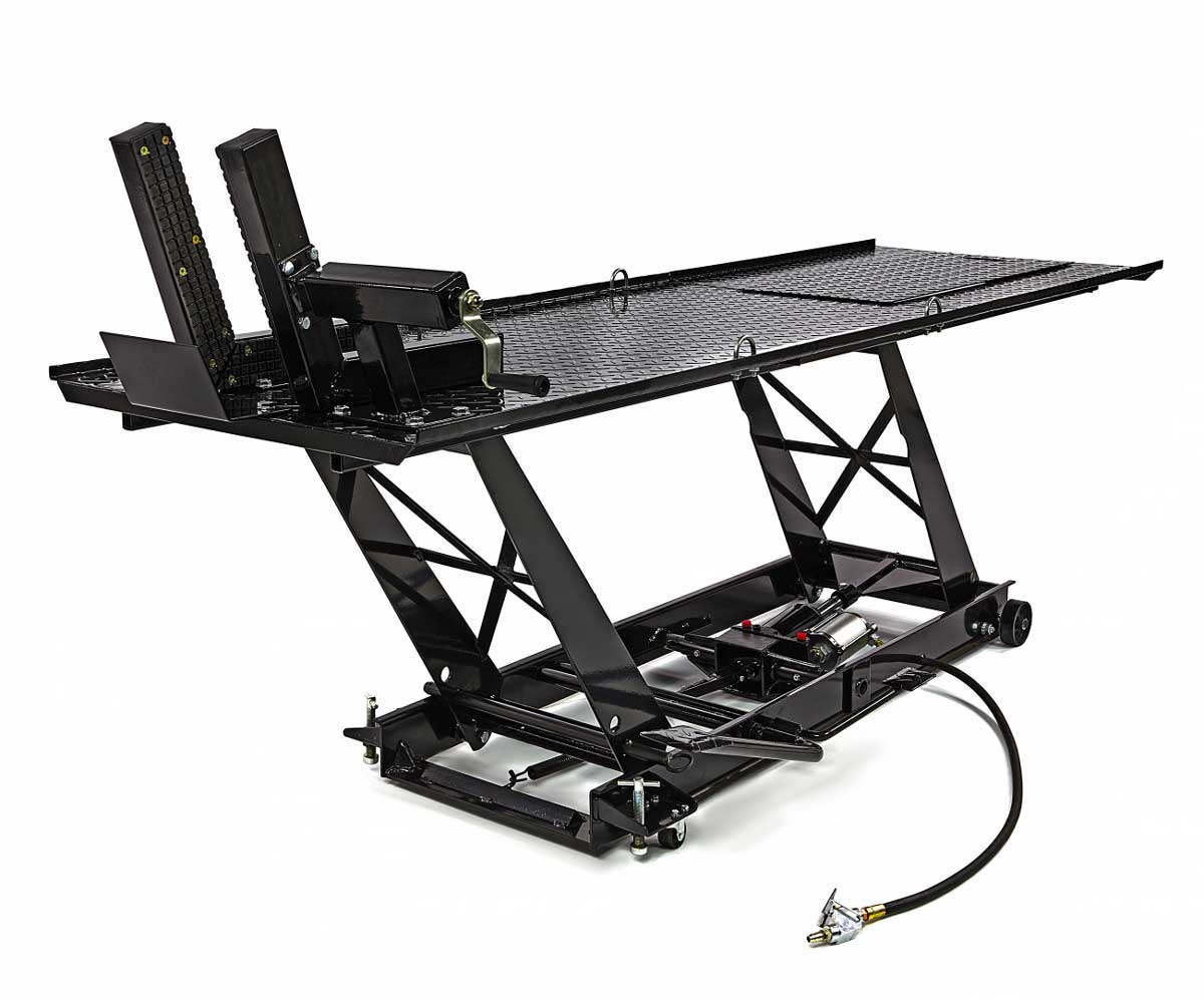 Pneumatický a hydraulický motocyklový zvedák 300, zvednutí až 450 kg, luxusní upínací háky, hmotnost 150 kg, černý