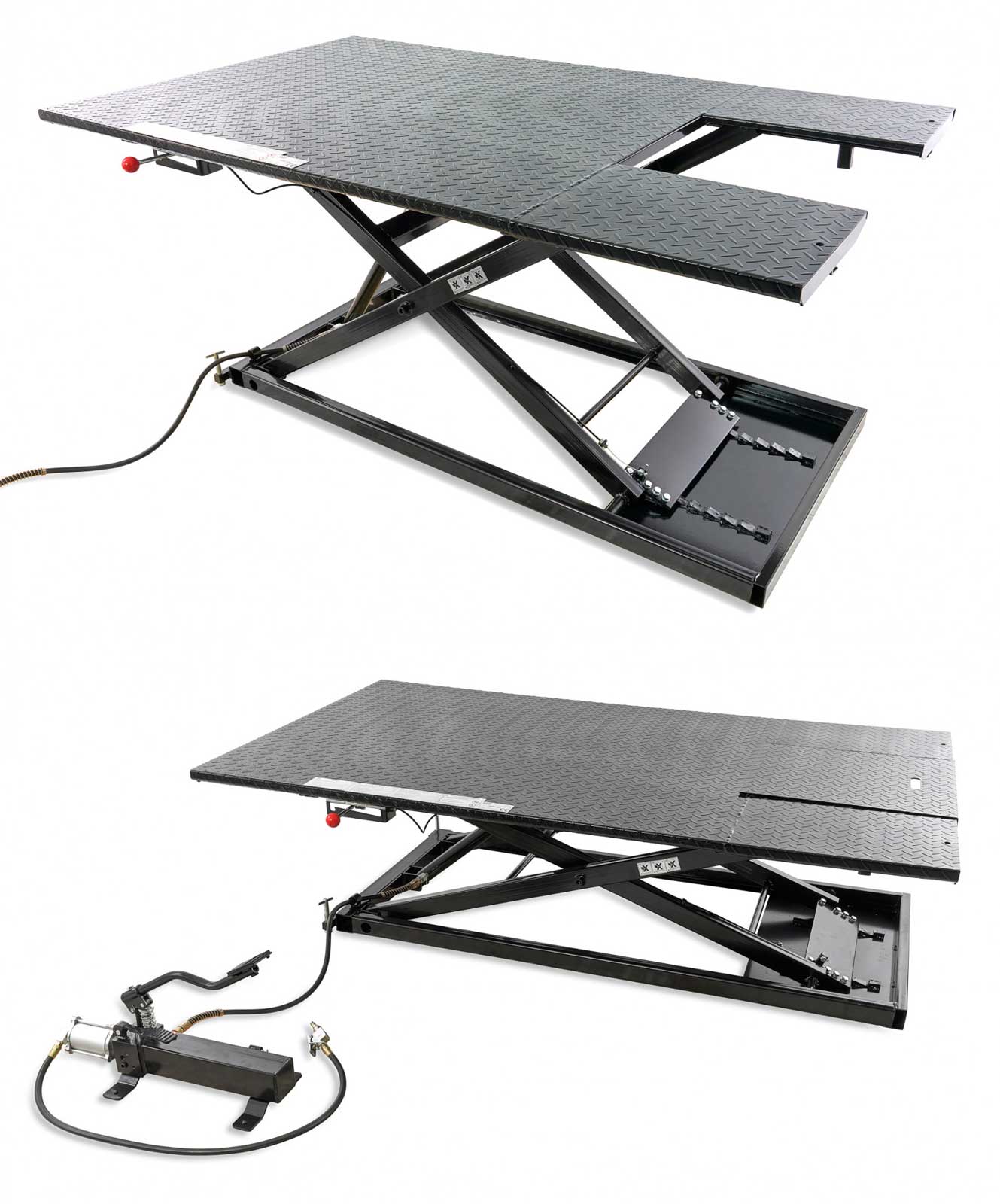 Robustní zvedák na čtyřkolky Quad 400 s hydraulicko-pneumatickým ovládáním, zvednutí až 700 kg, hmotnost 300 kg, černý