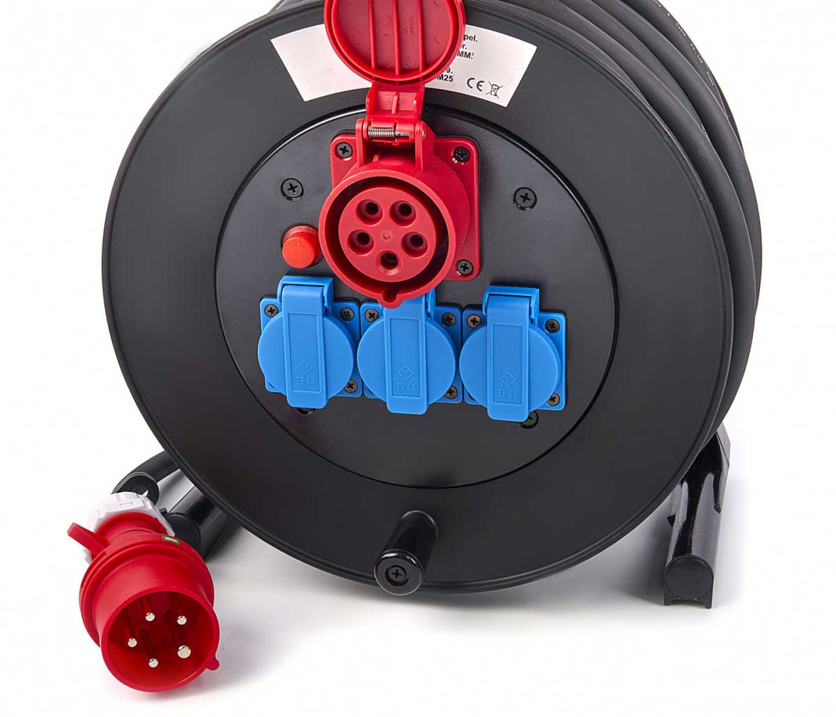 3f neoprénový prodlužovací kabel s cívkou a zásuvkami, vstup 380 V,  výstup 380V a 230V,  5 x 2.5 mm, délka 25 m