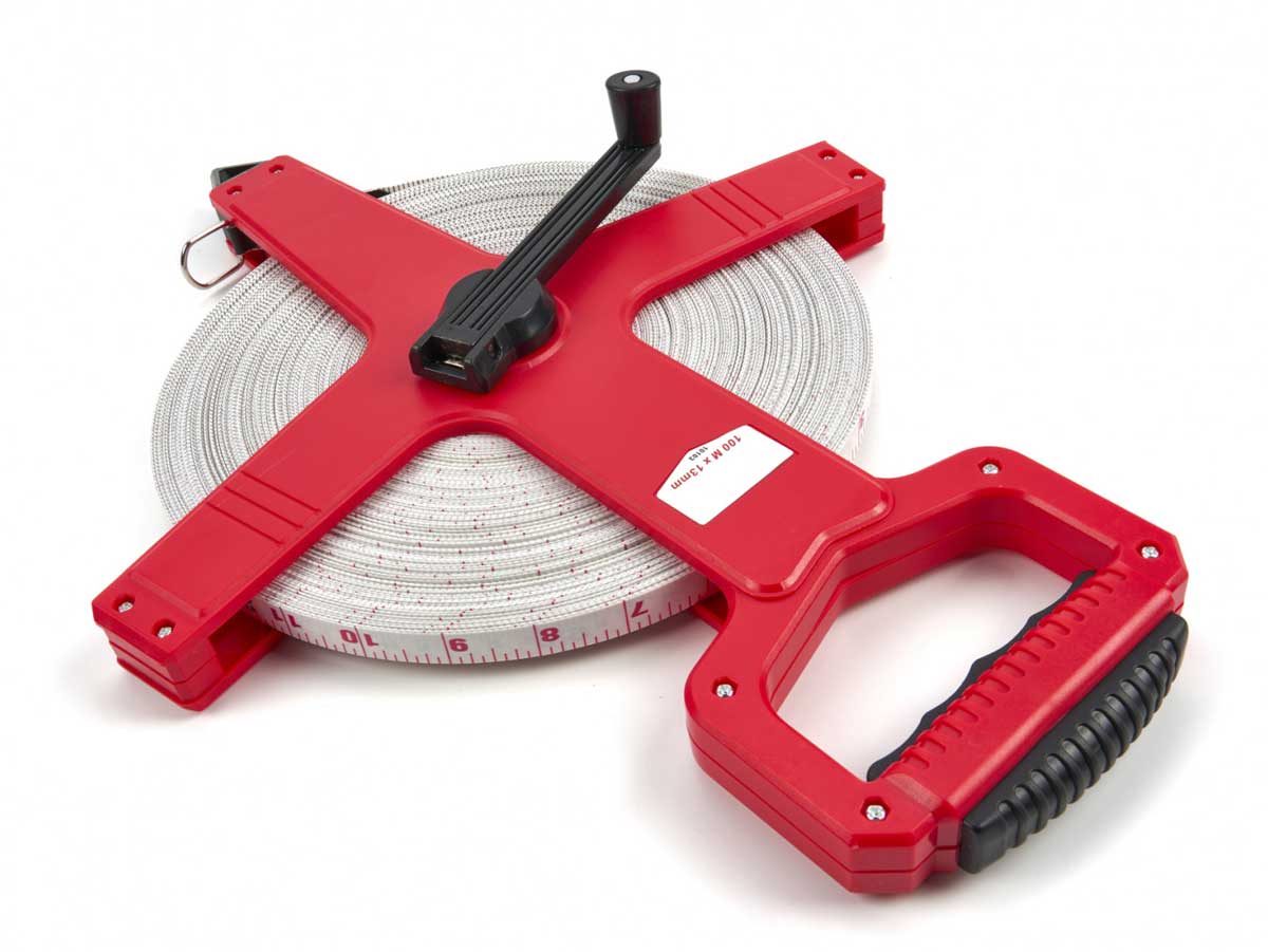 Svinovací měřicí pásmo vyztužené skleněnými vlákny, 100 m x 13 mm, svinovací metr, vhodné pro geodety