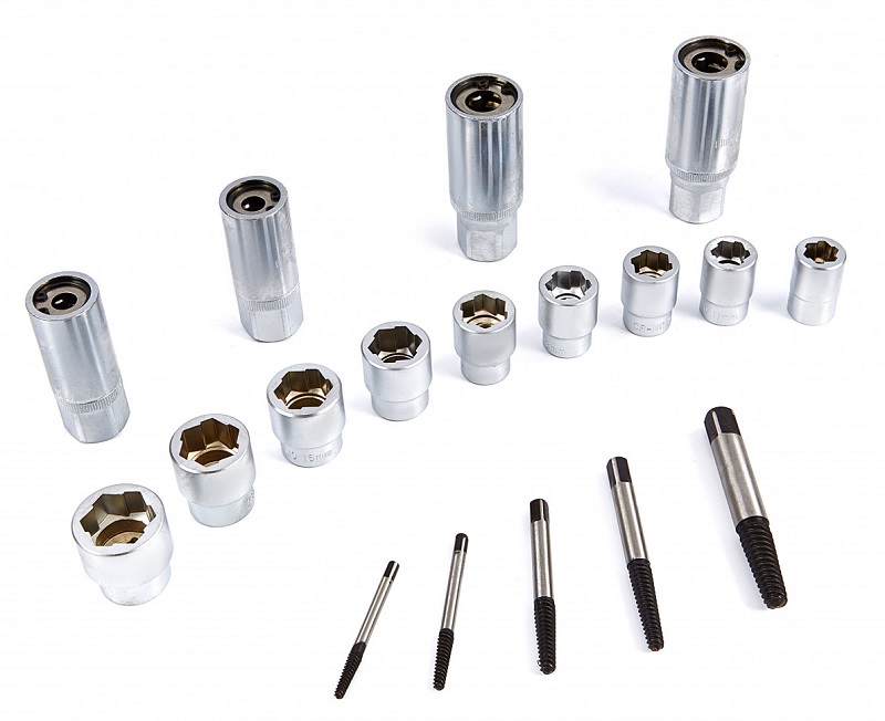 Sada na odstraňování, povolování poškozených stržených šroubů, matic a vytahovák závitových šteftů, 17 dílů
