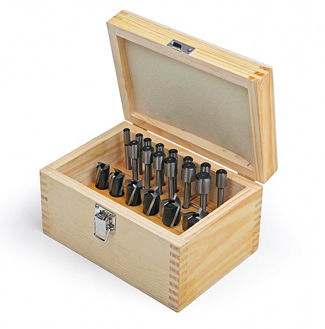 Velká sada HSS-M2 záhlubníků pro hlavy šroubů, s unašečem pro kužel MK2
