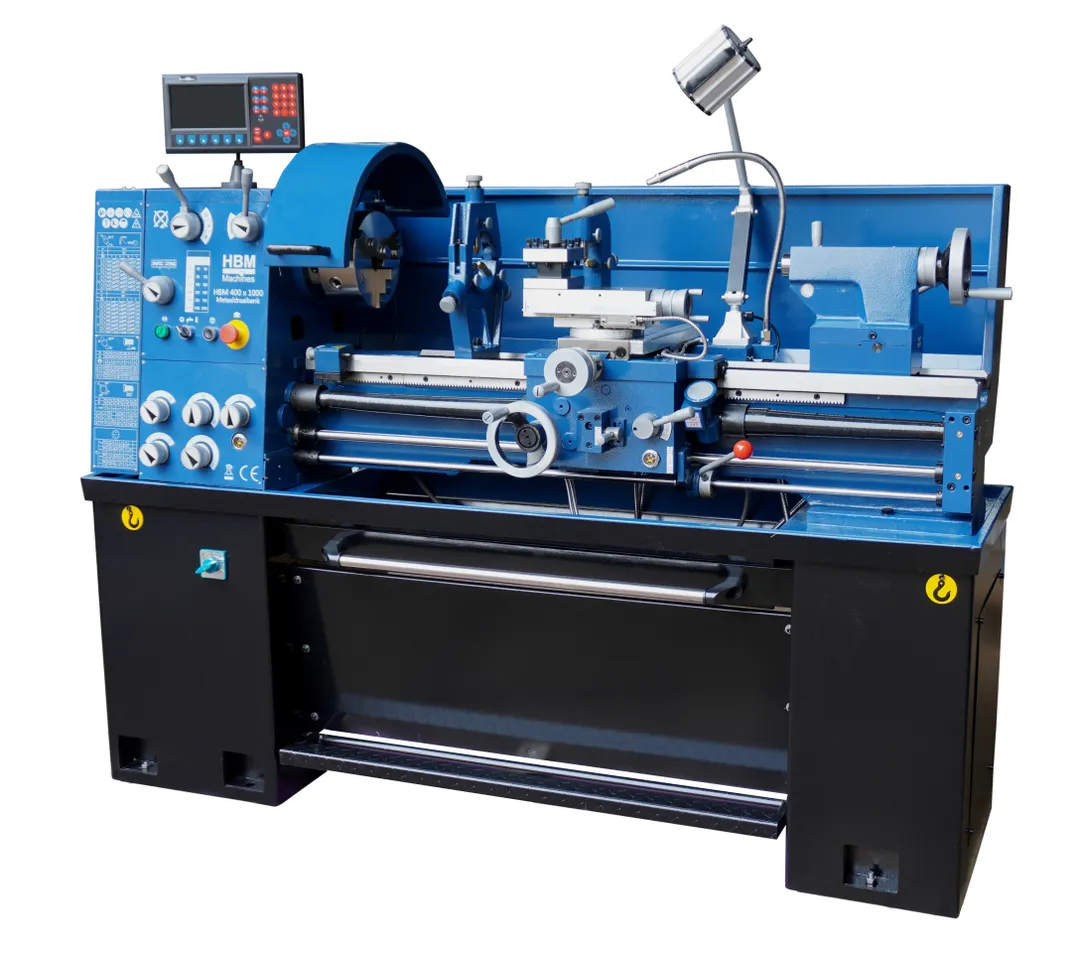 HBM 400 x 1000 LCD-DRO, profesionální hrotový soustruh na kov, vrtání osy vřetene 52 mm, 3 převodovky v oleji, 3-osé digitální odměřování, plně vybavený, motor 2.2 kW, 400 V, 900 kg