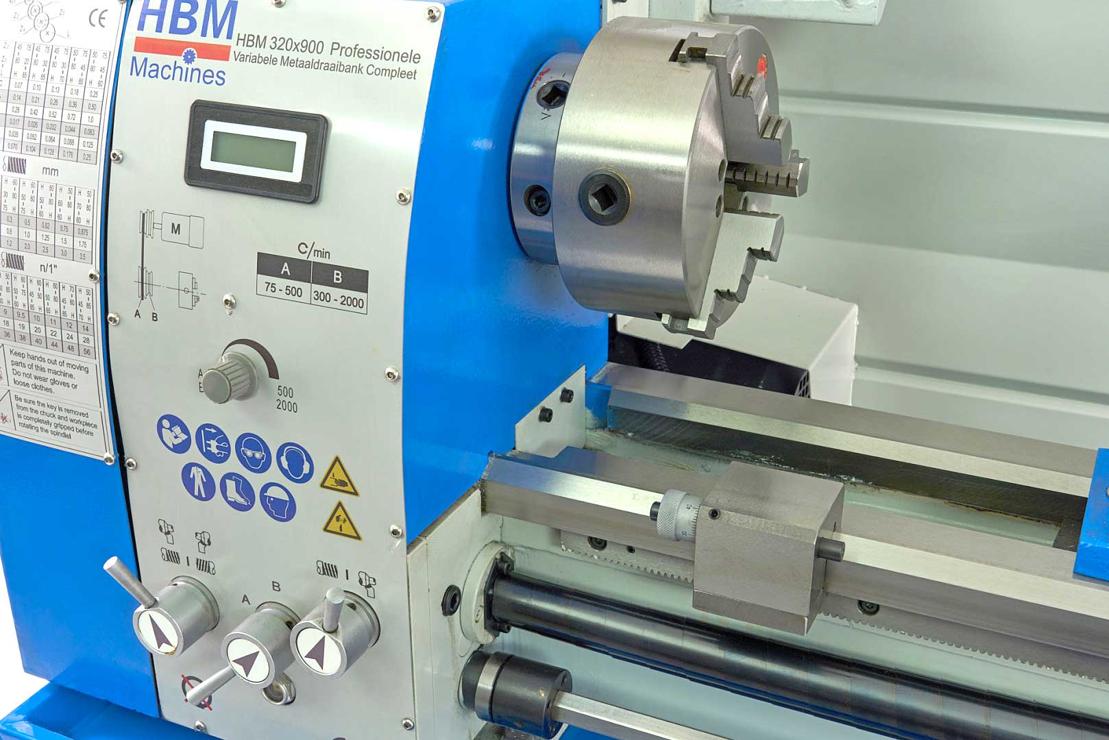 HBM 320V Norton, hrotový soustruh na kov s podstavcem, vario otáčky řízené invertorem, převodovka posuvů, plně vybavený, 1.5 kW, 1f