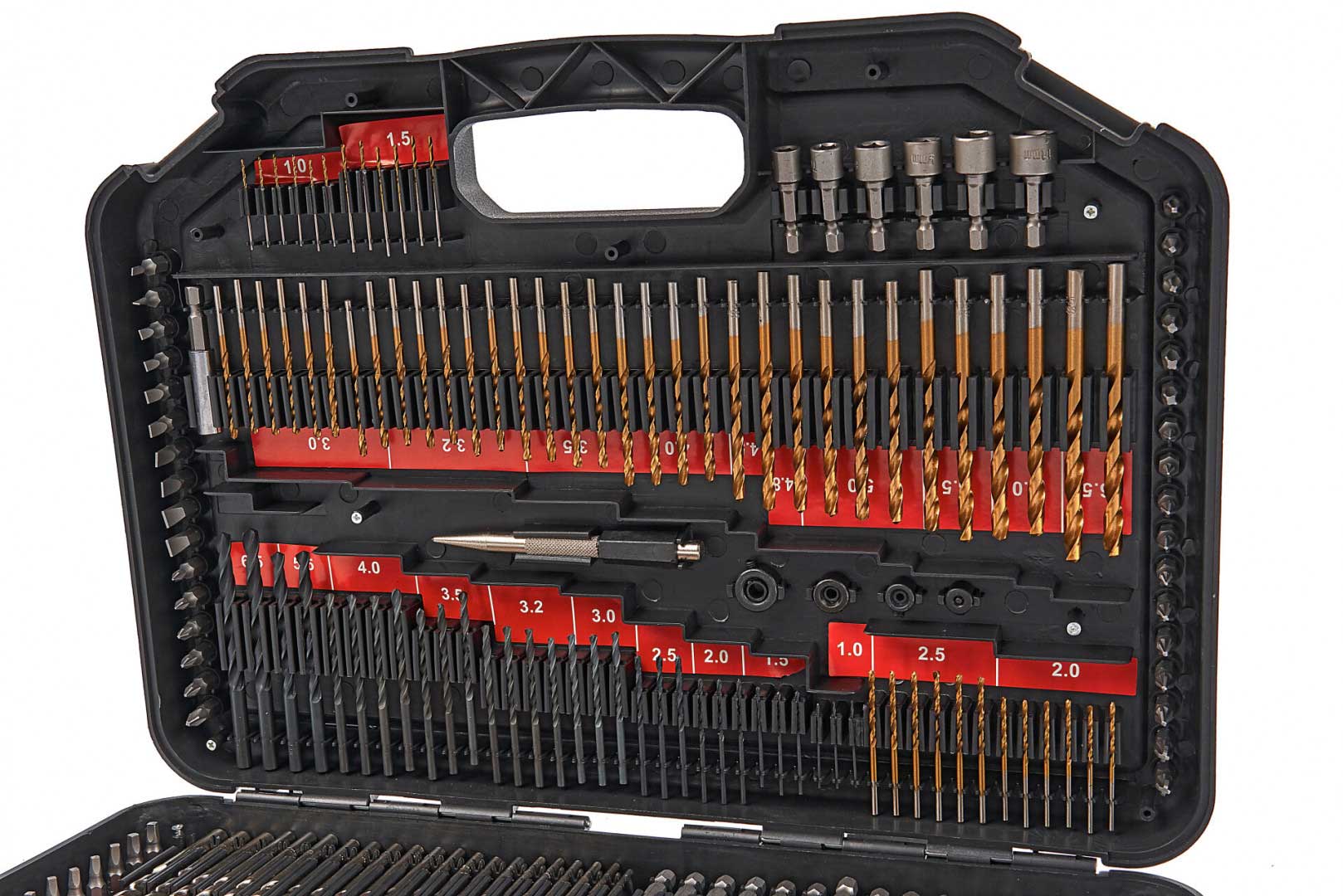 Kompletní sada vrtáků a bitů zahrnující vrtáky do kovu, dřeva, rychlořezné vrtáky a pily na díry, bity atd., sada 246 dílů