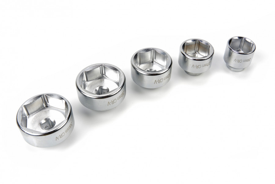 Hlavice 3/8" na olejové filtry, 24 - 27 - 32 - 36 - 38 mm, CrV, sada 5 dílů