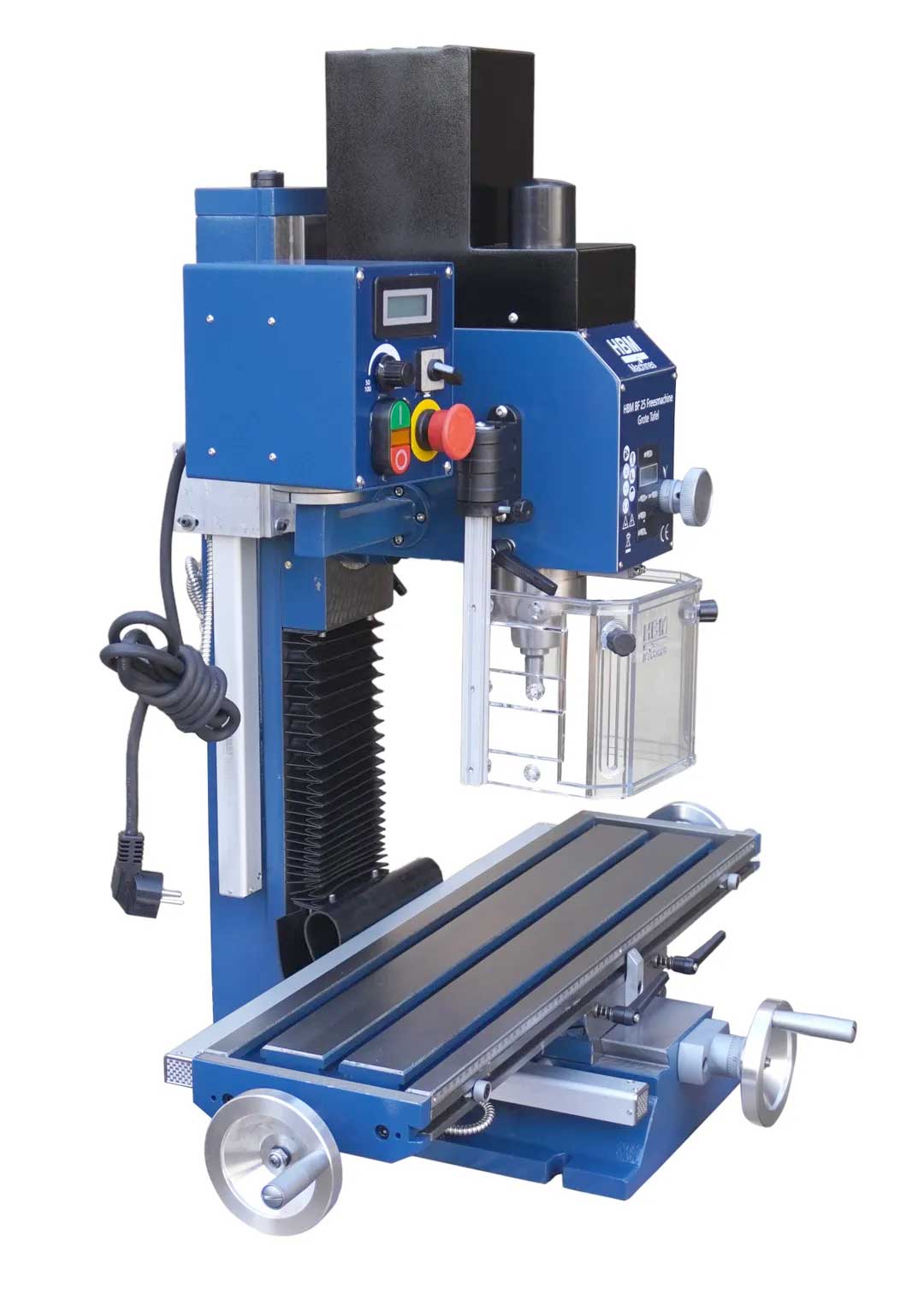 HBM BF 25 - frézka na kov, vario otáčky, velký stůl, 3-osé odměřování s LCD displejem, kužel MK3, 160 kg