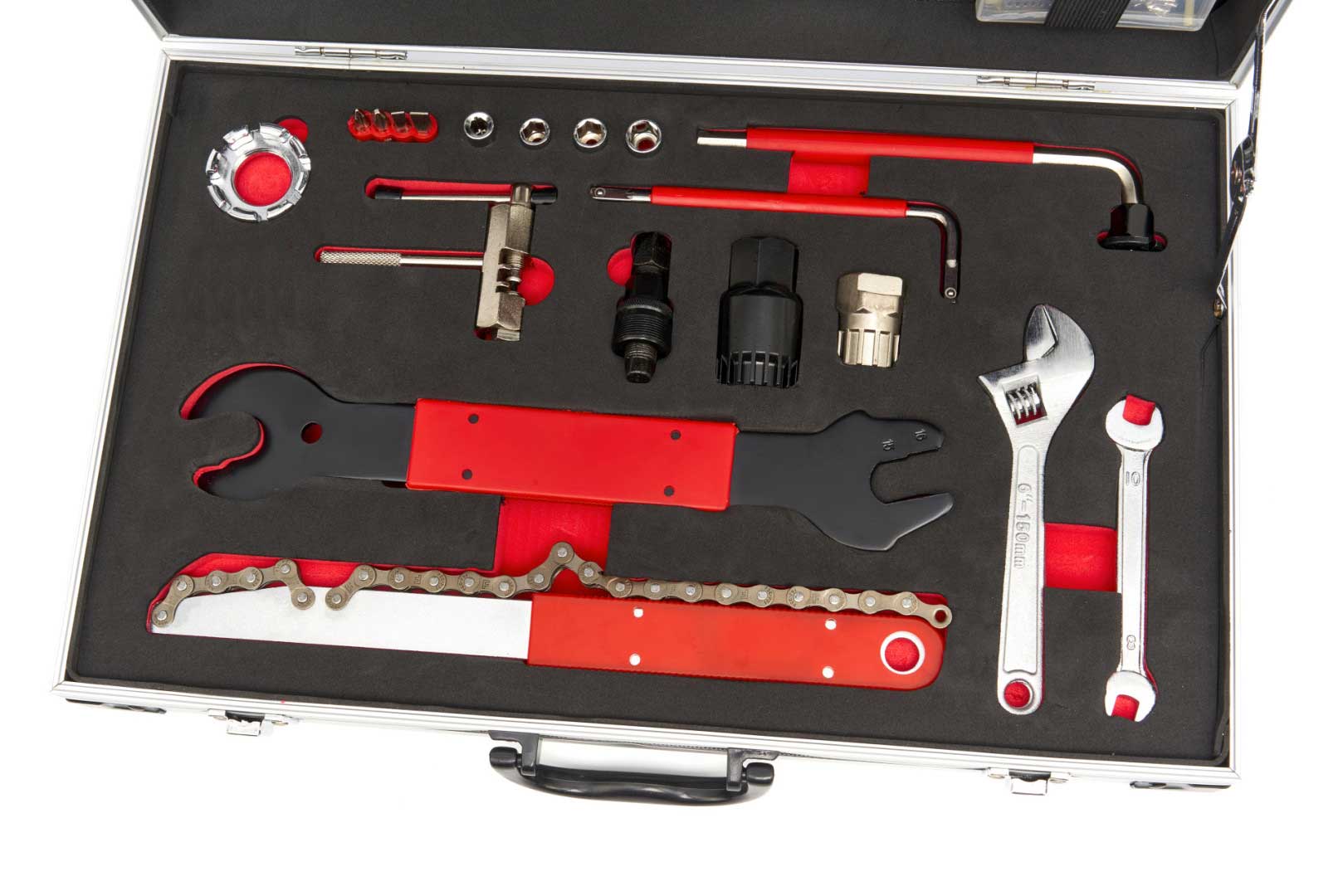 Komplexní sada na opravu a údržbu jízdních kol - v praktickém hliníkovém kufru