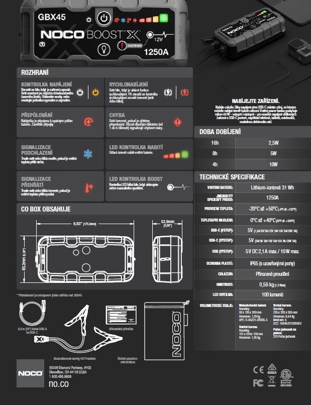 Startovací zdroj, booster 12V, 1250A, Lithium-Iontová baterie 31 Wh, pro benzínové motory do objemu 6,5 l a dieslové motory do 4 l Boost GBX45 NOCO