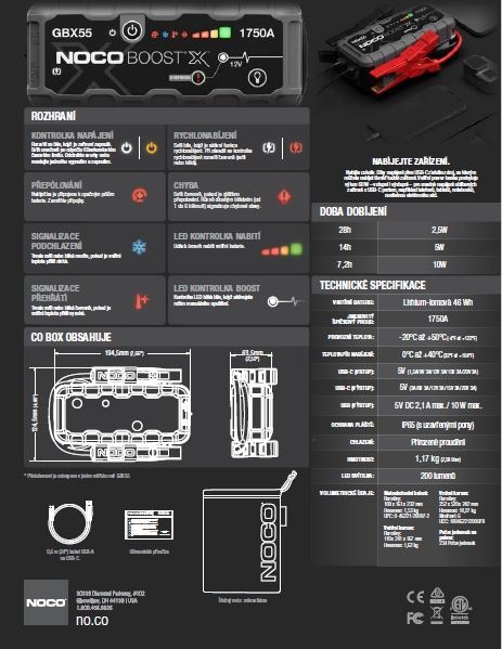 Startovací zdroj, booster 12V, 1750A, Lithium-Iontová baterie 46 Wh, pro benzínové motory do objemu 7,5 l a dieslové motory do 5 l Boost GBX55 NOCO