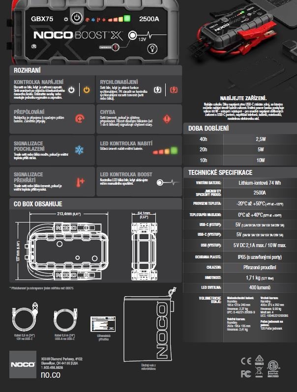 Startovací zdroj, booster 12V, 2500A, Lithium-Iontová baterie 74 Wh, pro benzínové motory do objemu 8,5 l a dieslové motory do 6,5 l Boost GBX75 NOCO