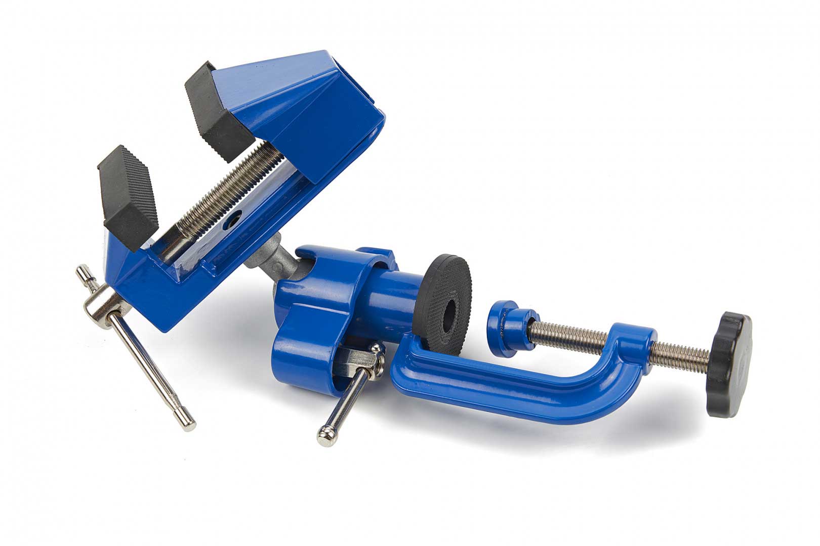 Stolní svěrák s upínací svorkou, naklápěcí a otočný 360°, čelisti 70 mm