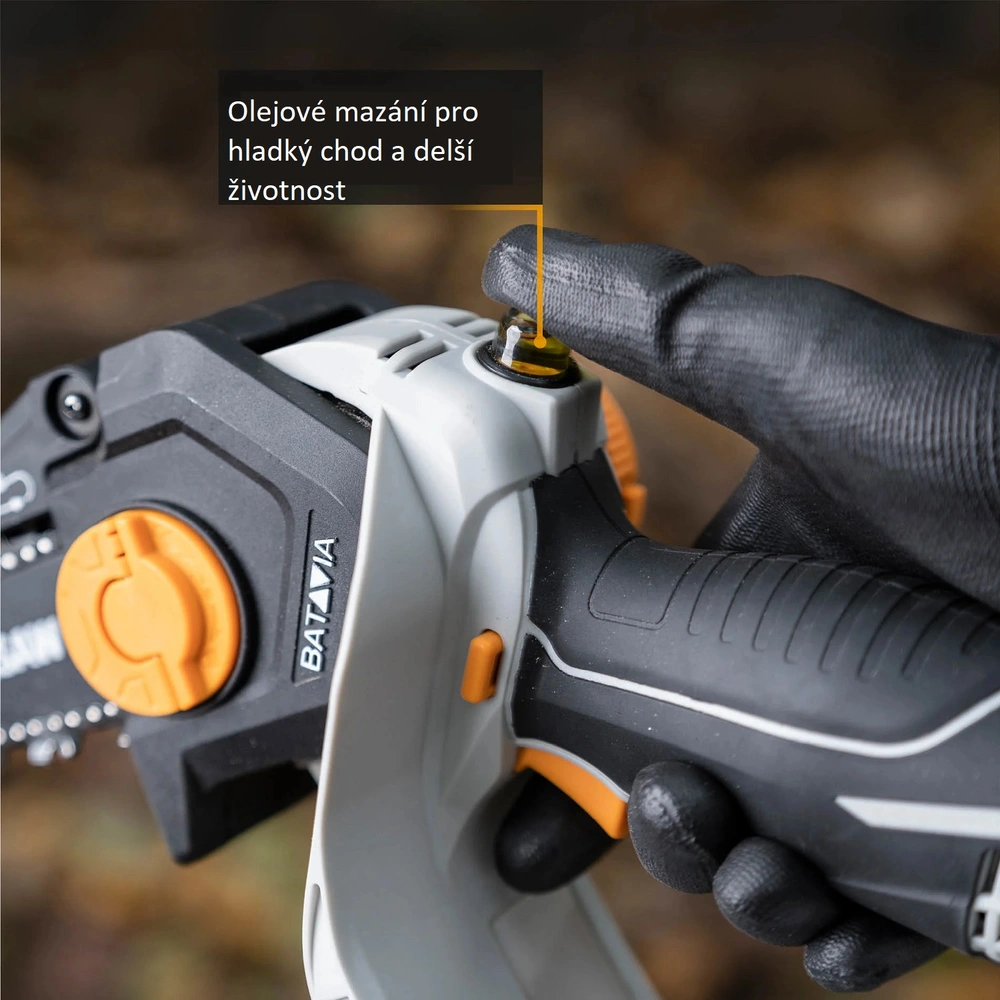 AKU elektrická řetězová pila, jednoruční AKU pilka na větve 18V Li-Ion, délka lišty 154mm, hloubka řezu 120mm, bez baterie a nabíječky, bateriová platforma MAXXPACK, NEXXSAW V3.1 BATAVIA