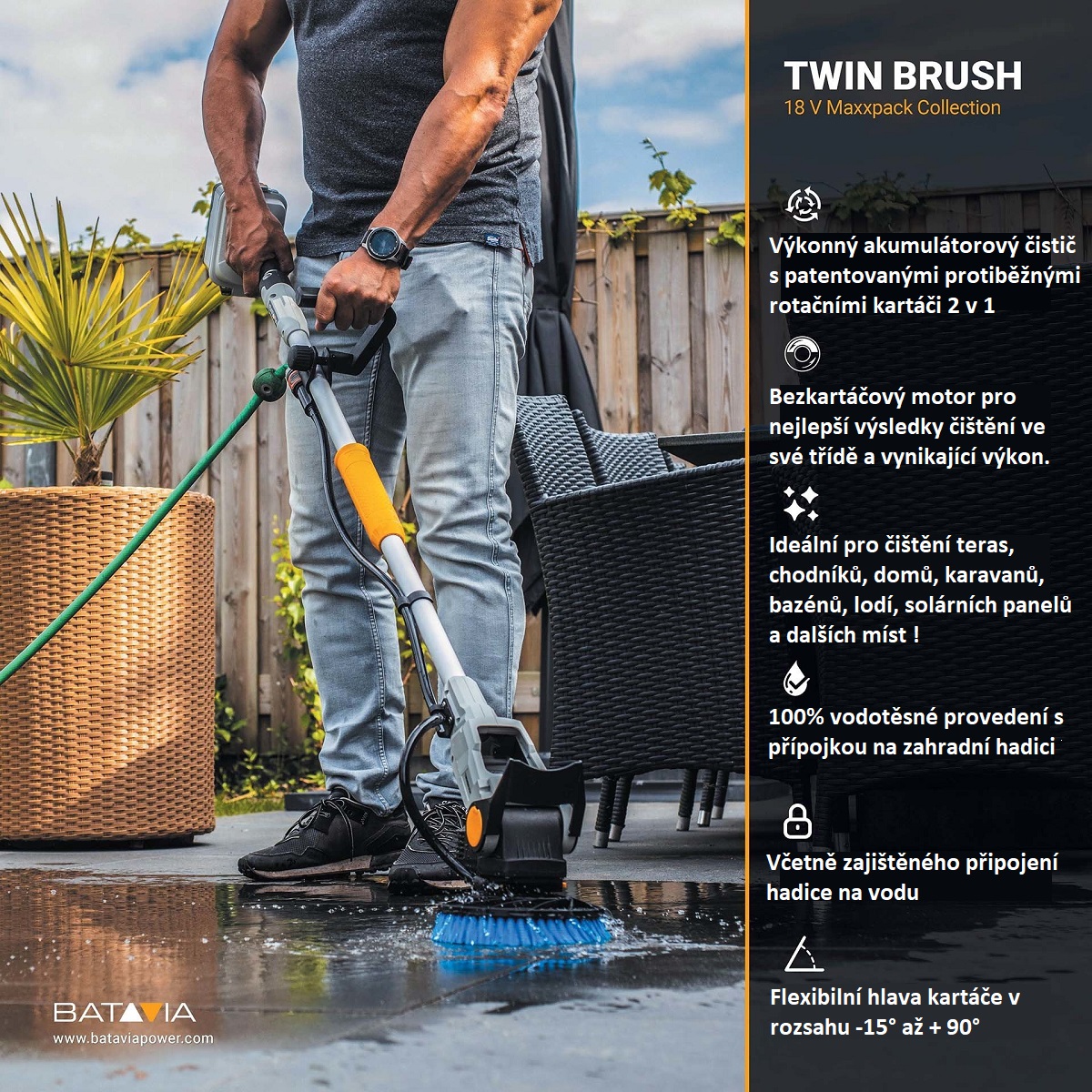 AKU bezdrátový rotační čistící kartáč TWIN BRUSH na všechny druhy povrchů, rotační kartáč na čištění solárních panelů a bazénů, 18V Li-Ion, bez baterie a nabíječky, bateriová platforma MAXXPACK BATAVIA