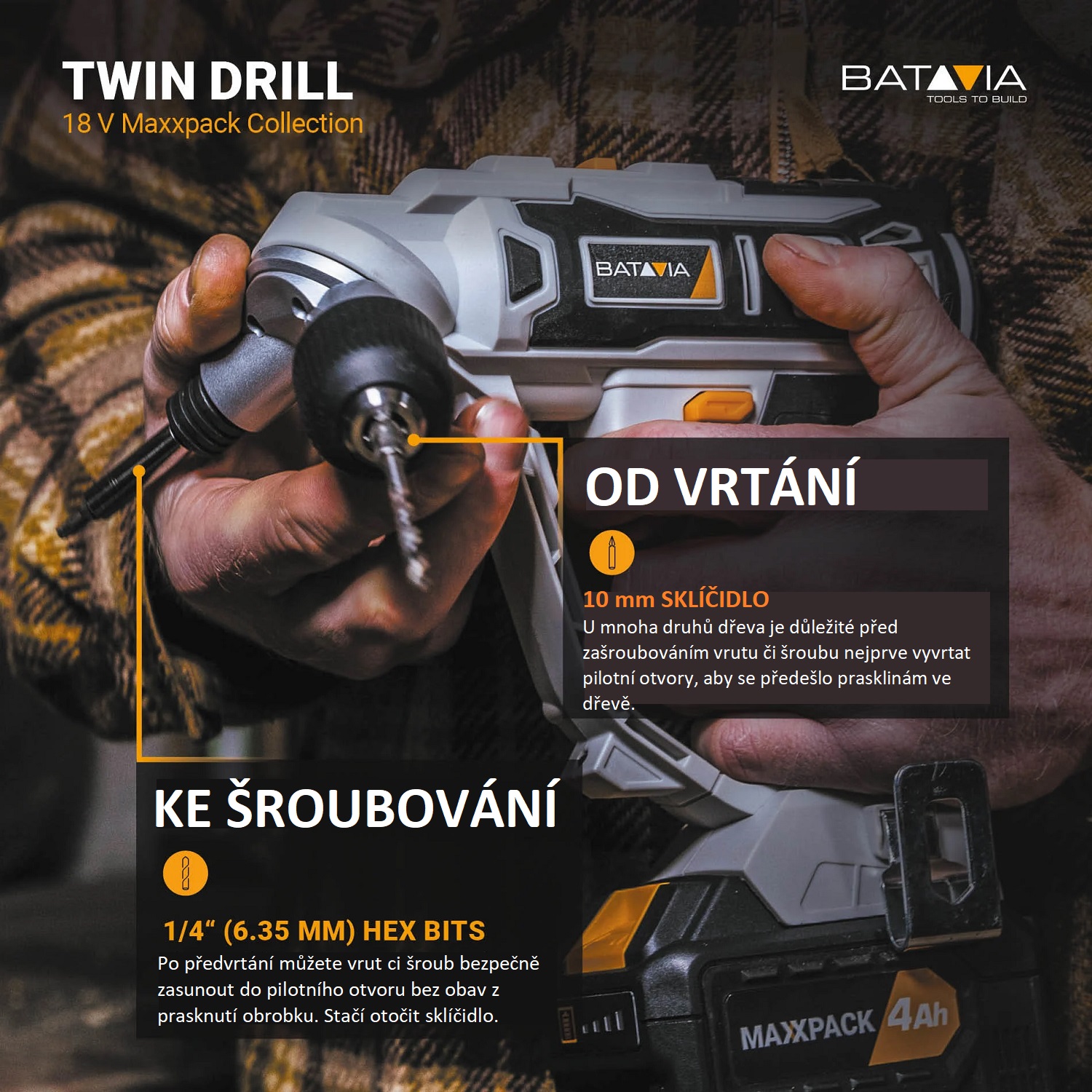 Aku vrtačka a aku šroubovák v jednom TWIN DRILL, 18V Li-Ion, bez baterie a nabíječky, bateriová platforma MAXXPACK BATAVIA
