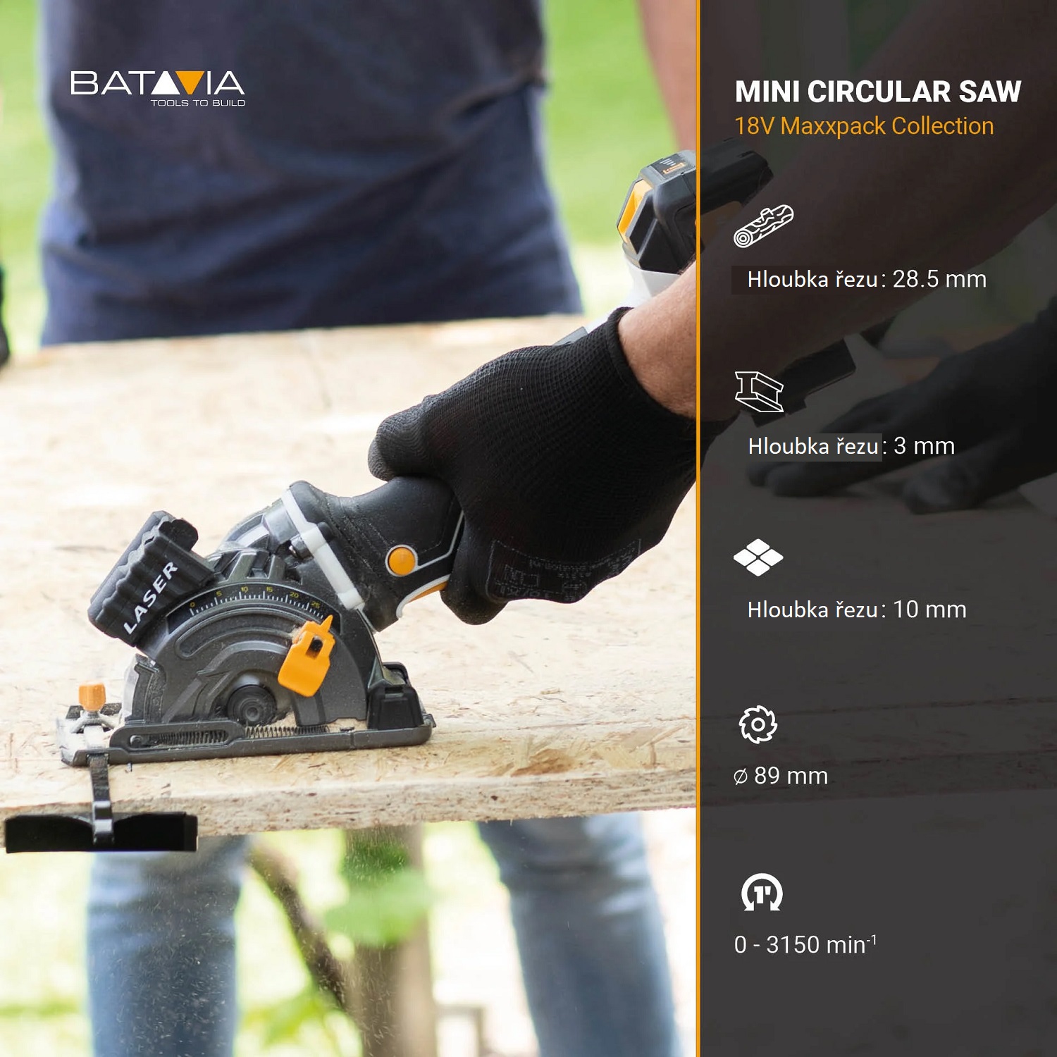 Aku bezdrátová, jednoruční, mini kotoučová ponorná pila s laserem, 18V Li-Ion, bez baterie a nabíječky, bateriová platforma MAXXPACK BATAVIA