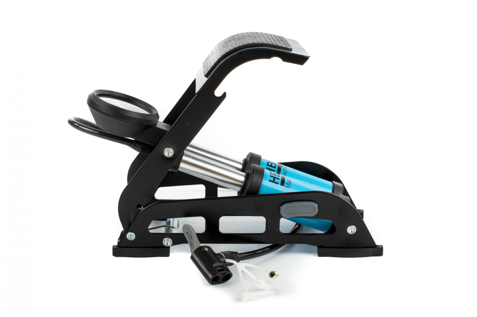 Výkonná nožní pumpa s manometrem - dvoupístová