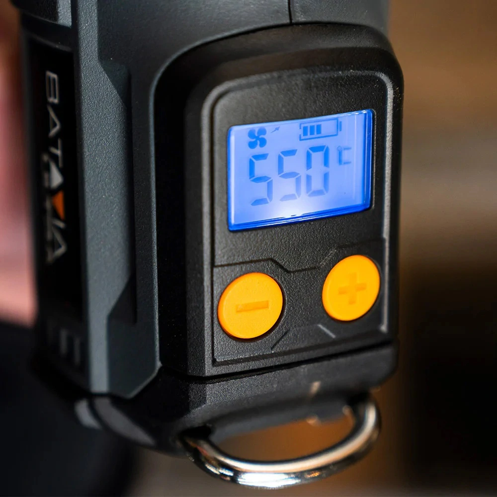 Aku bezdrátová horkovzdušná pistole, s digitálním LCD displejem, teplota 30°C - 550°C, 120 - 200 l./min., 18V Li-Ion, bez baterie a nabíječky, bateriová platforma MAXXPACK BATAVIA