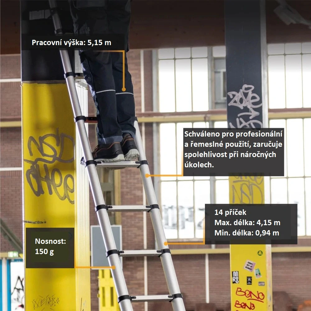 Hliníkový žebřík teleskopický, profesionální, kvalitní zpracování, délka žebříku 4,15 m, s indikátorem úhlu, max. pracovní výška 5,18 m, 14 příček, nosnost 150 kg, BATAVIA