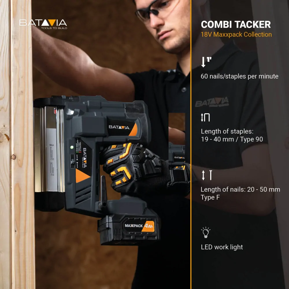 Aku bezdrátová univerzální sponkovačka, sešívačka, hřebíkovačka, nastřelovačka, tacker, 18V Li-Ion, 60ks./min., bez baterie a nabíječky, bateriová platforma MAXXPACK ULTRA BATAVIA