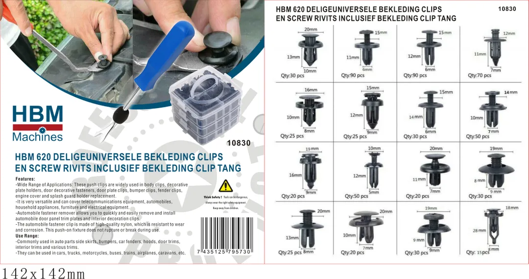 Sortiment plastových příchytek a spon pro čalounění automobilů a připevnění plastových dílů včetně kleští na spony, 620 dílů