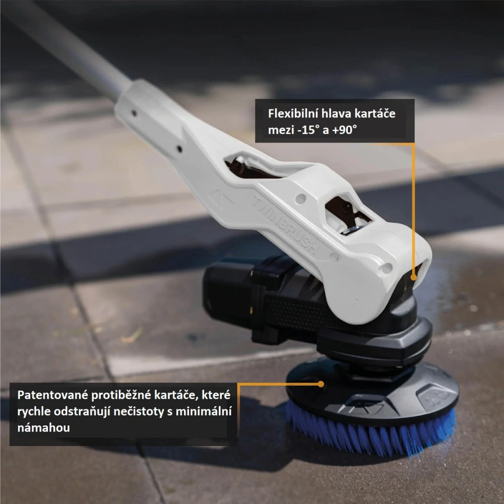 AKU rotační čistící kartáč TWIN BRUSH na všechny druhy povrchů, teleskopický 1,35 - 1,8 m, na čištění teras, chodníků, domů, aut, 18V Li-Ion, bez baterie a nabíječky, bateriová platforma MAXXPACK BATAVIA