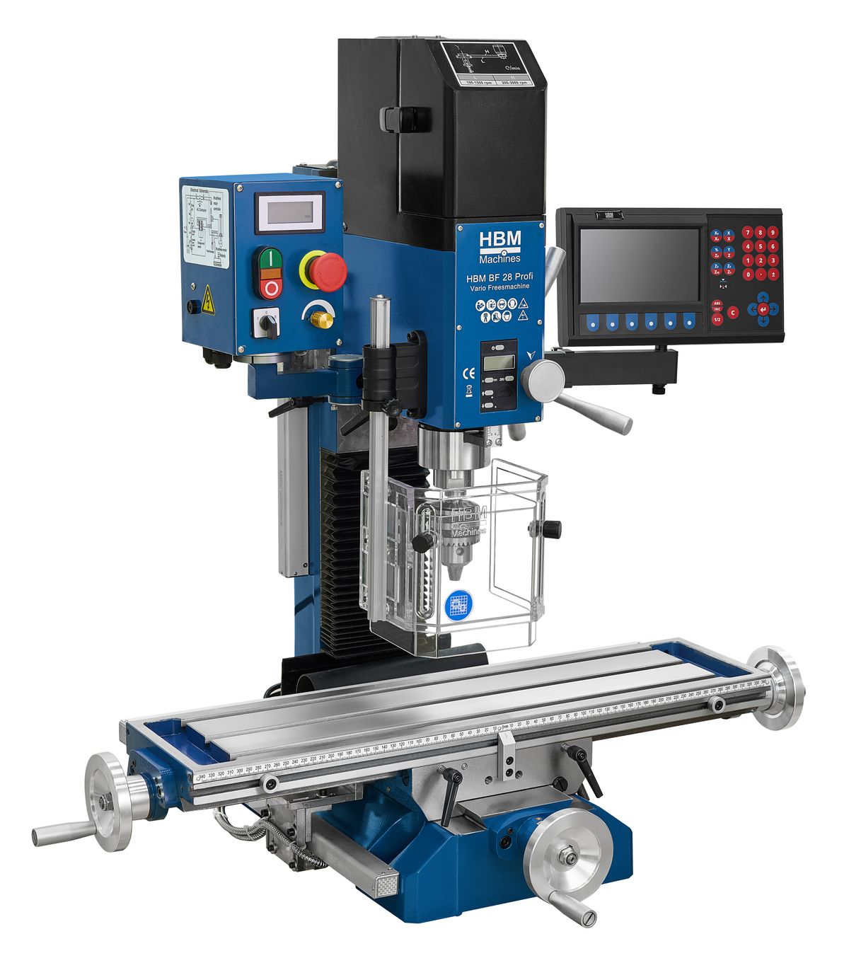 HBM BF 28 s DRO - frézka na kov, vario otáčky, 3-osé odměřování s LCD displejem, kužel MK3, 130 kg