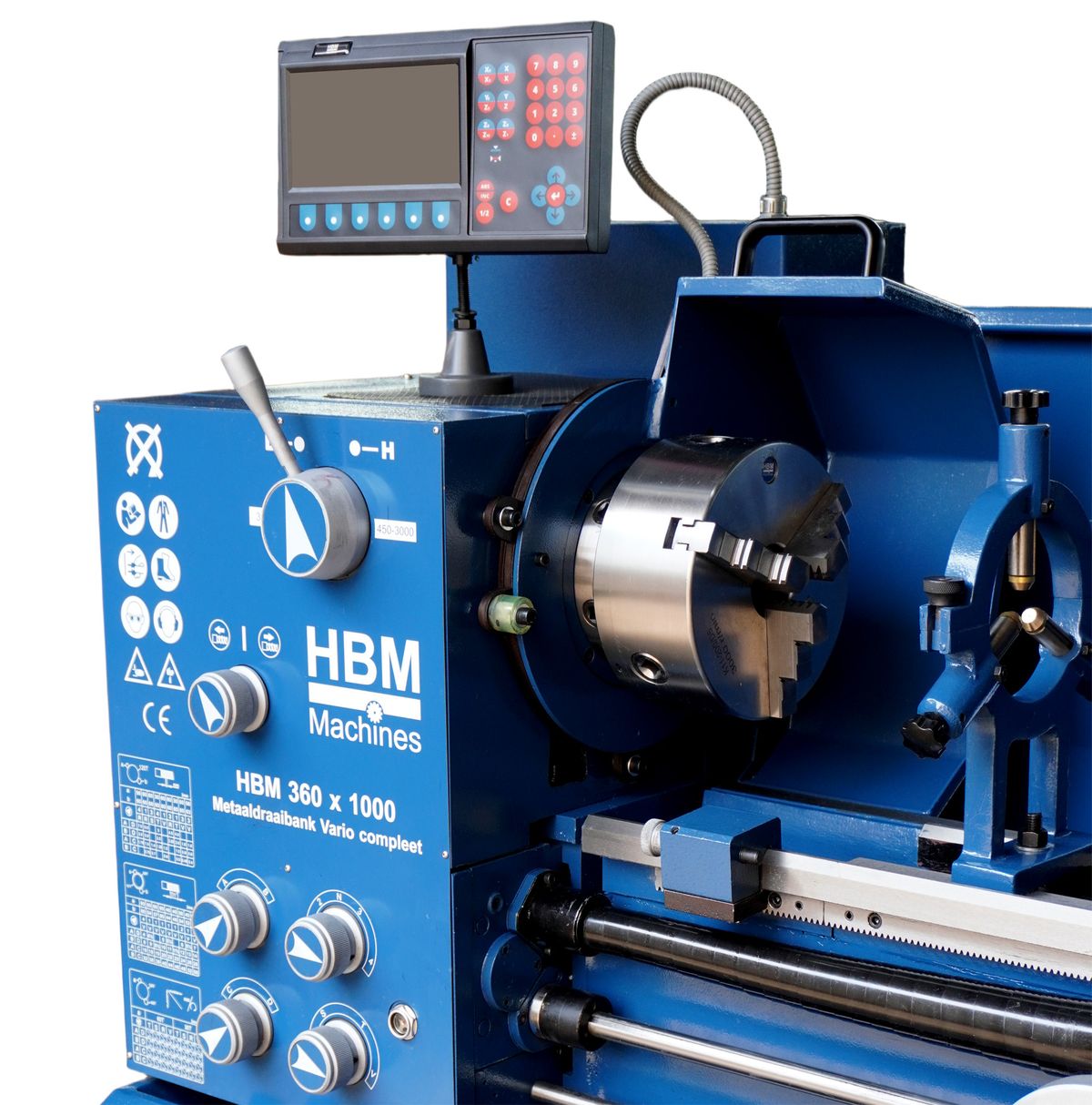 HBM 360 x 1000 DRO vario, profesionální hrotový soustruh na kov, vrtání osy vřetene 51 mm, variabilní otáčky, 3-osé digitální odměřování s LCD, plně vybavený, motor 2.2 kW, 400 V, 650 kg