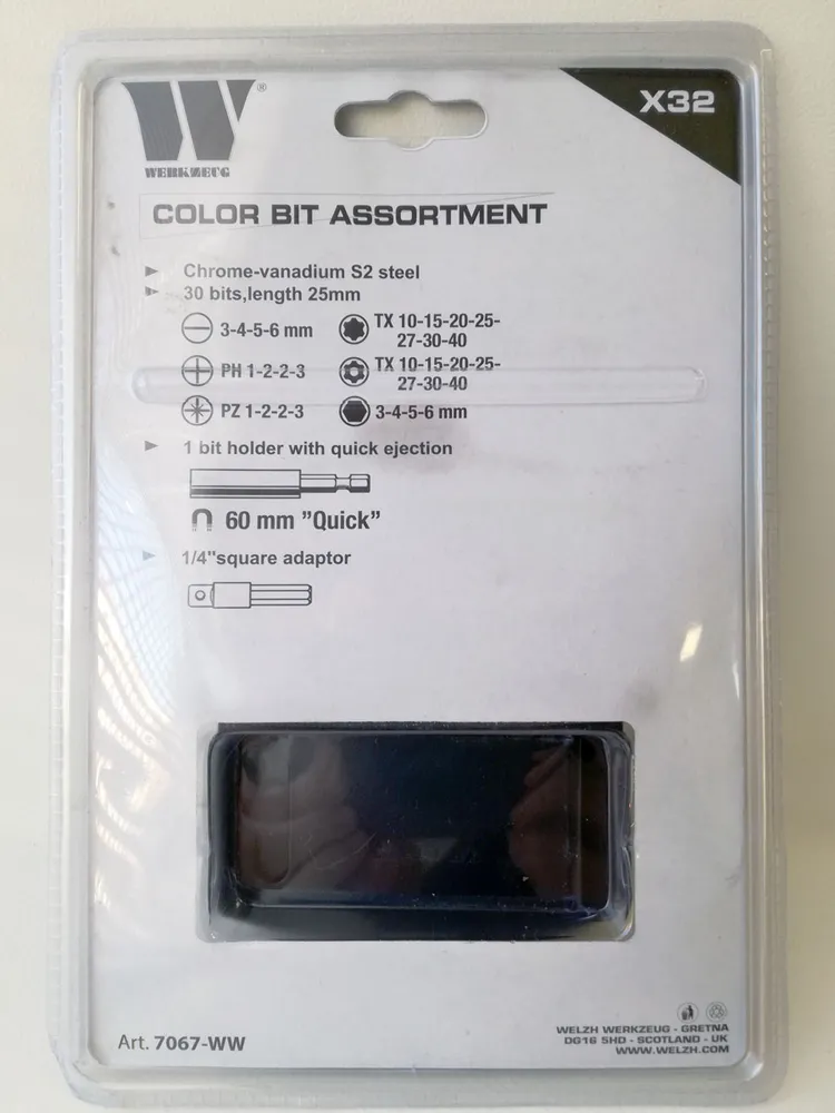 Sada profesionálních bitů - 32 ks, materiál S2, držák bitů a 1/4" adaptér, Welzh