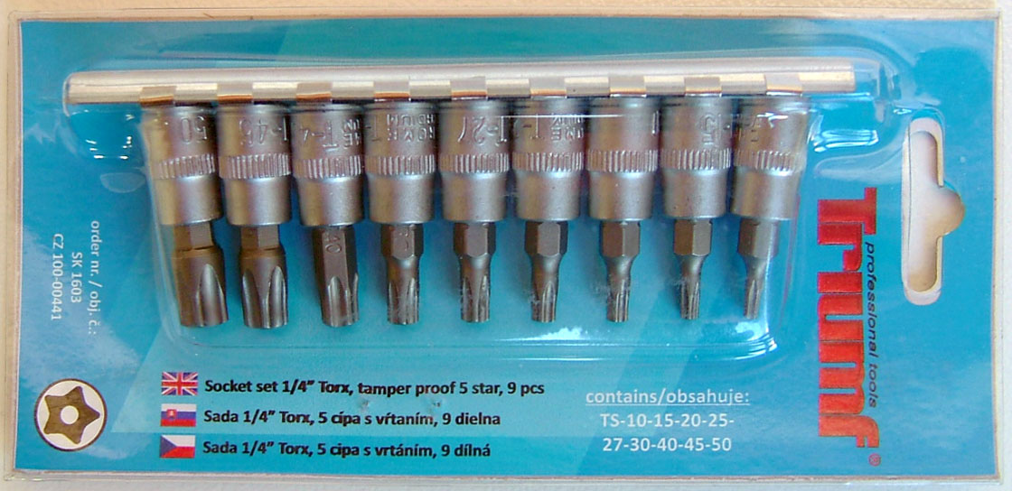 Hlavice zástrčné 1/4", Torx Security TS10 - TS50, vrtané, sada 9 dílů, Triumf