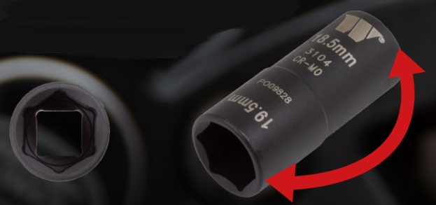 Kombinovaná nástrčná hlavice 1/2", 6 hran, 18.5 mm a 19.5 mm na poškozené matice a šrouby, pro rázové utahováky, CrMo, Welzh