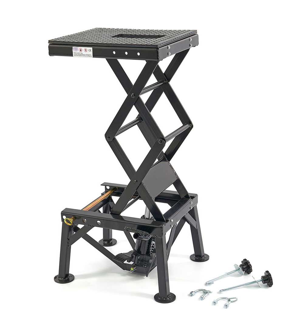 Kompaktní hydraulický motocyklový zvedák 50, zvednutí až 135 kg, hmotnost 33 kg, černý