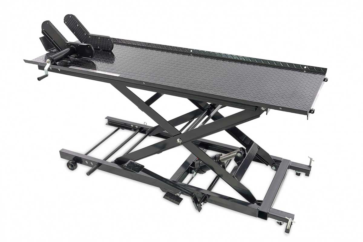 Hydraulický motocyklový zvedák 200, zvednutí až 450 kg, hmotnost 130 kg, černý