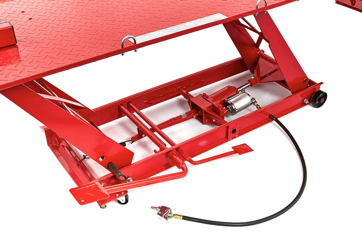 Pneumatický a hydraulický motocyklový zvedák 300, zvednutí až 450 kg, luxusní upínací háky, hmotnost 150 kg