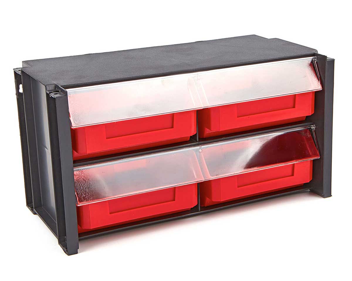 Plastový úložný kontejner / box se 4 zásuvkami a plexi krytem proti prachu