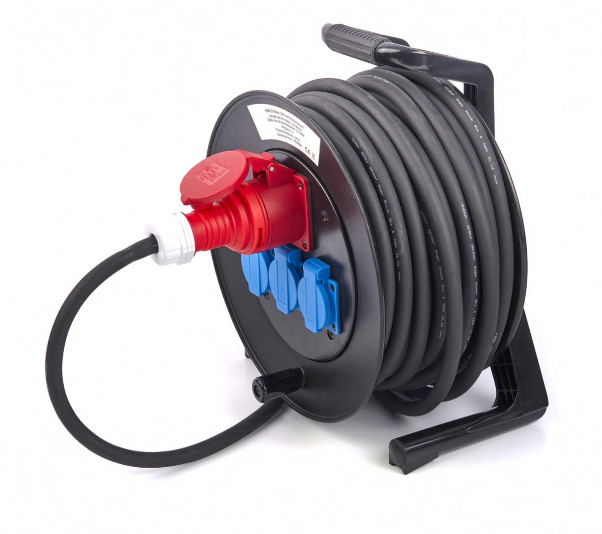 3f neoprénový prodlužovací kabel s cívkou a zásuvkami, vstup 380 V,  výstup 380V a 230V,  5 x 2.5 mm, délka 25 m