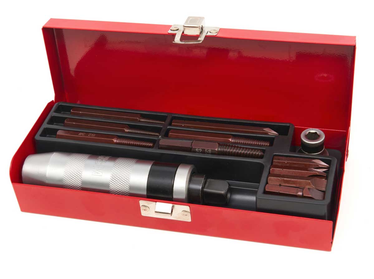 Šroubovák úderový rázový 1/2" v plechovém boxu, s nástavci na vytahování šroubů, sada 13 dílů