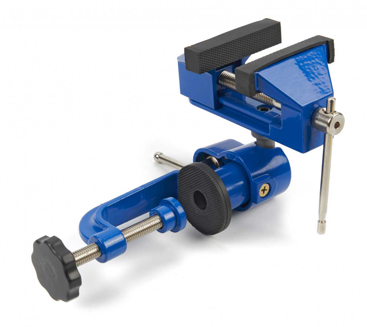 Stolní svěrák s upínací svorkou, naklápěcí a otočný 360°, čelisti 70 mm