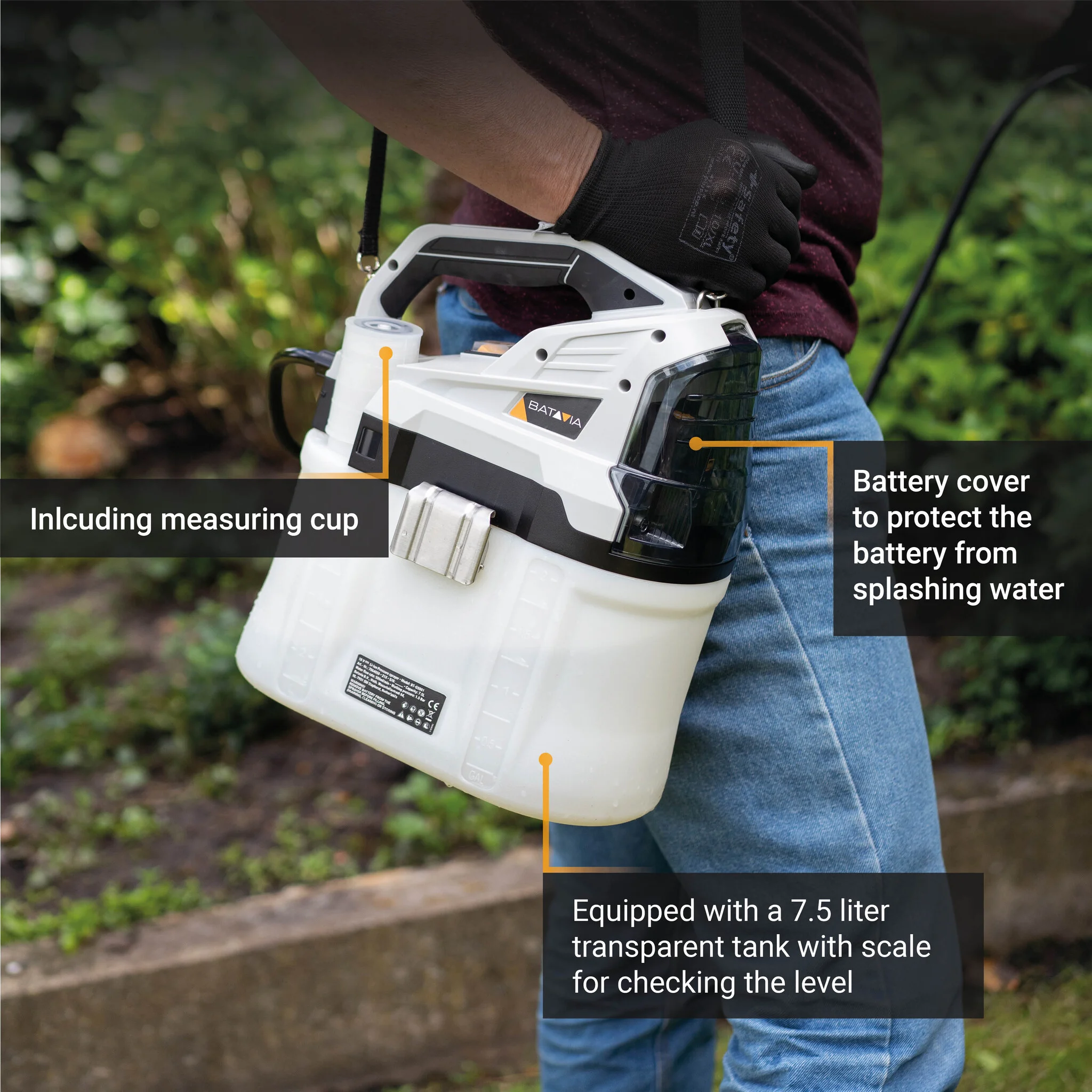 Aku bezdrátový tlakový postřikovač, 18V Li-Ion, zásobník 7,5l, 1,5bar, 500ml/min, bez baterie a nabíječky, bateriová platforma MAXXPACK BATAVIA