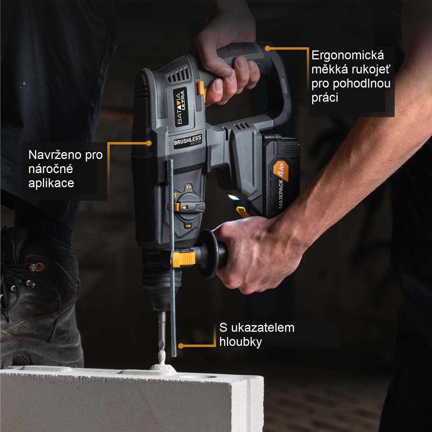 Aku bezdrátové, vrtací kladivo, bezuhlíkový motor, SDS+, 18V Li-Ion, energie 2,2J, 5500 úderů za minutu, bez baterie a nabíječky, bateriová platforma MAXXPACK BATAVIA