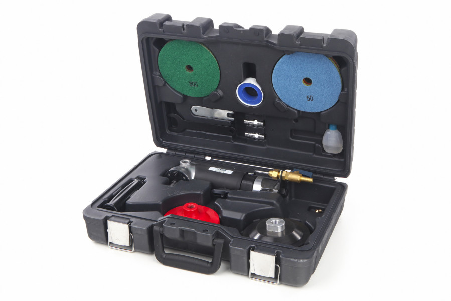 Ruční pneumatická bruska a leštička pro práci za mokra, 125 mm, včetně brusných a leštících kotoučů