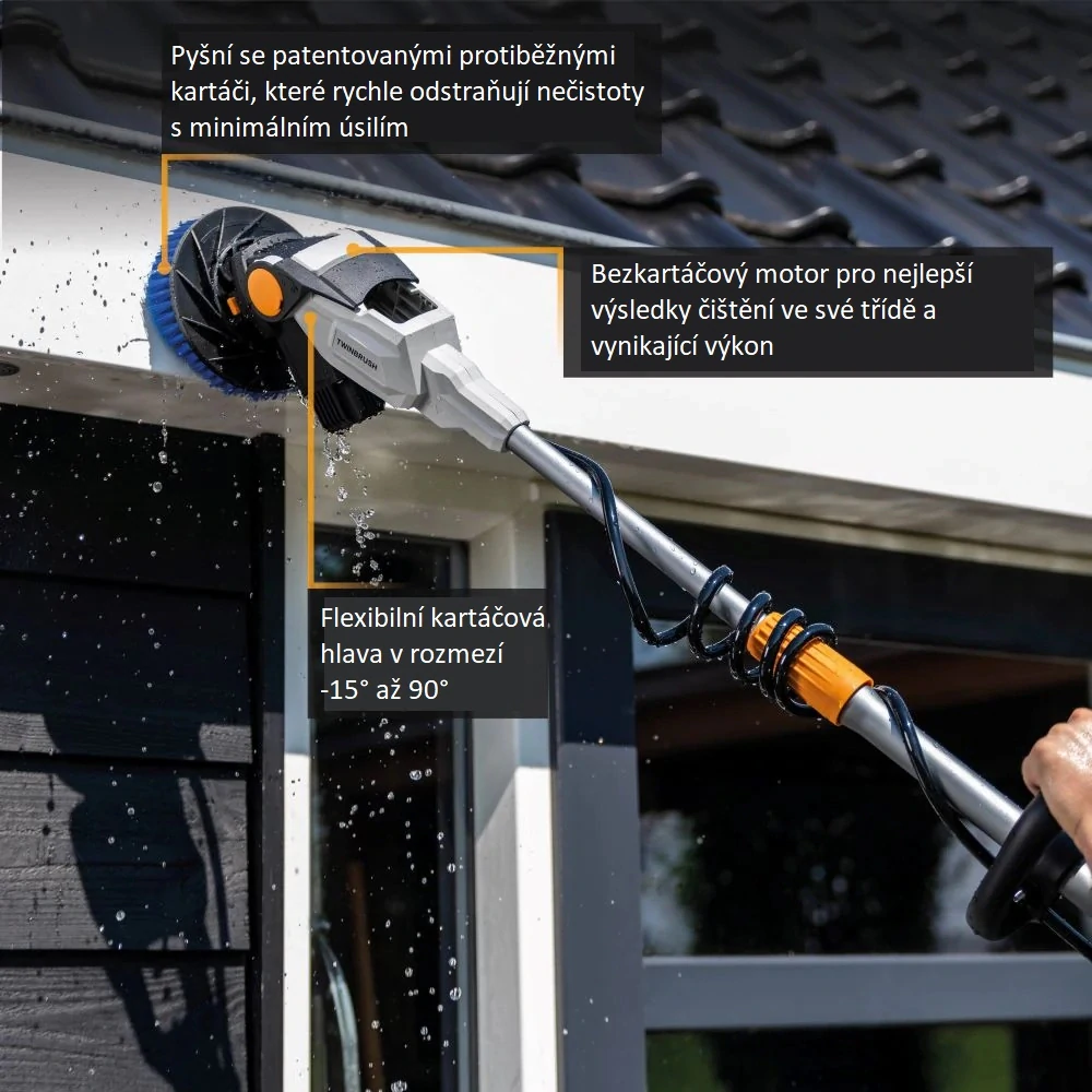 AKU rotační čistící kartáč TWIN BRUSH na všechny druhy povrchů, teleskopický 1,35 - 1,8 m, kartáč na čištění solárních panelů a bazénů, 18V Li-Ion, bez nabíječky a baterie, bateriová platforma MAXXPACK BATAVIA