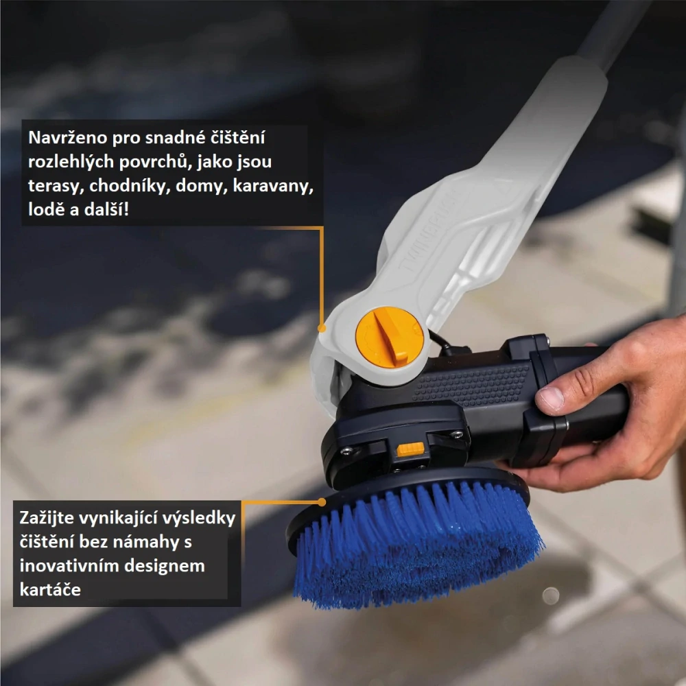 AKU rotační čistící kartáč TWIN BRUSH na všechny druhy povrchů, teleskopický 1,35 - 1,8 m, na čištění teras, chodníků, domů, aut, 18V Li-Ion, bez baterie a nabíječky, bateriová platforma MAXXPACK BATAVIA