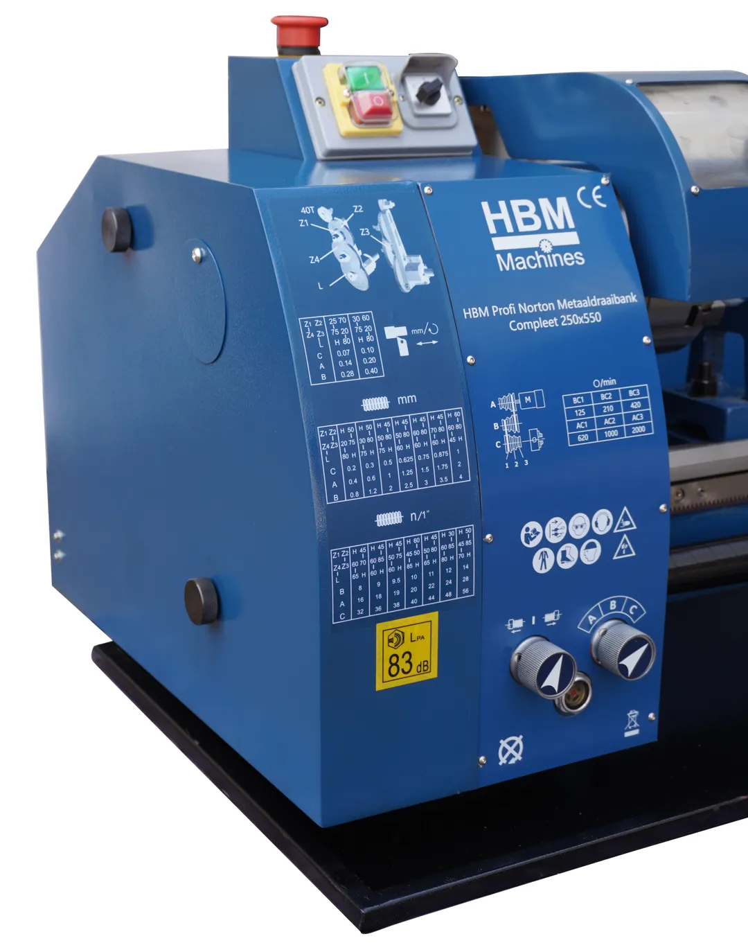 HBM 250 x 550, hrotový soustruh na kov, řemenový pohon, převodovka posuvů norton, plně vybavený, 1f, 750 W, 140 kg
