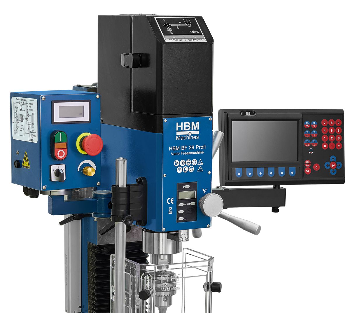 HBM BF 28 s DRO - frézka na kov, vario otáčky, 3-osé odměřování s LCD displejem, kužel MK3, 130 kg