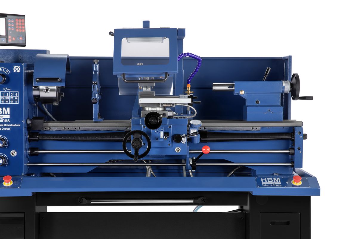 HBM 360 x 1000, profesionální hrotový soustruh na kov, vrtání osy vřetene 50 mm, 3 převodovky v oleji, 3-osé digitální odměřování s LCD, plně vybavený, motor 1.5 kW, 230 V, 650 kg