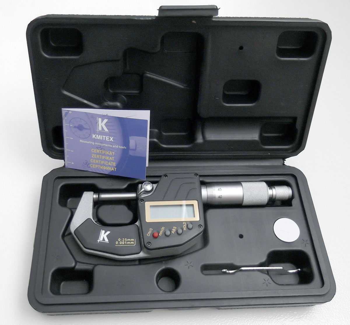 Mikrometr třmenový digitální, DIN 863, s výstupem dat, IP65 (0 - 25 mm), KM