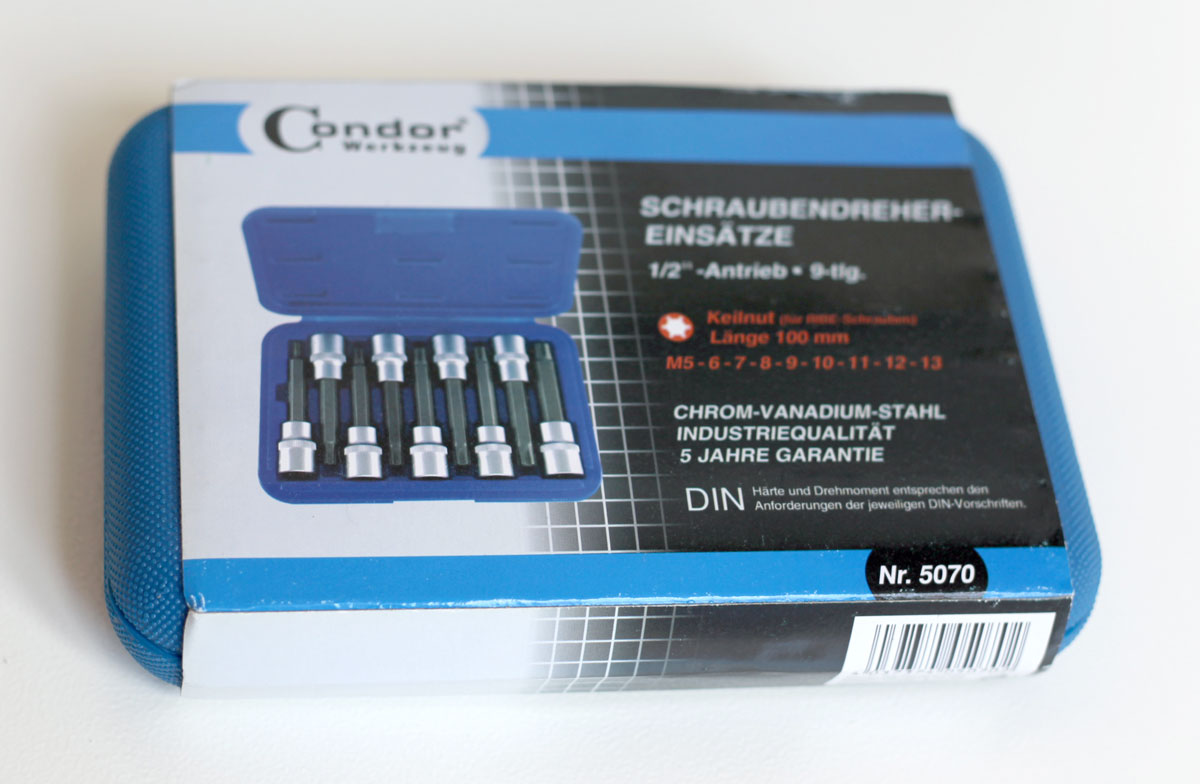 Hlavice zástrčné 1/2", Torx T20 - T60, déka 100 mm, sada 9 dílů, Condor Werkzeug