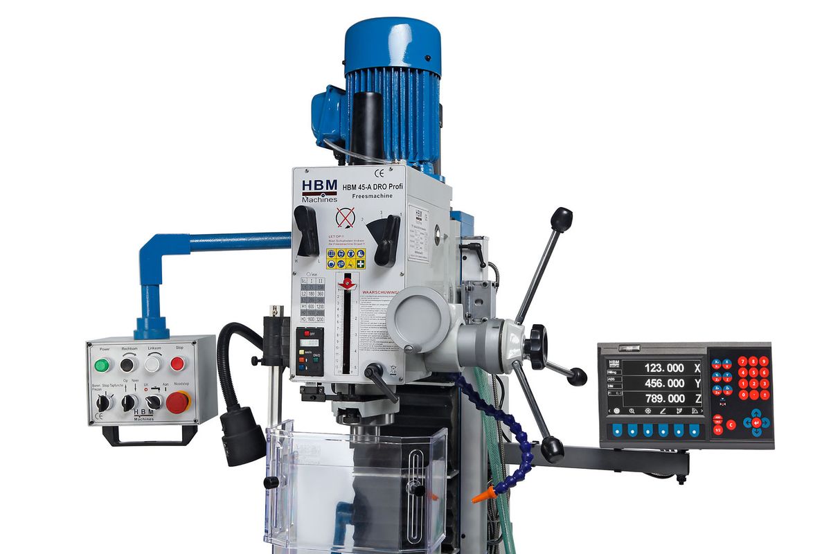 HBM BF 45 Profi DRO-LCD robustní frézka na kov, ISO 30, 3-osy DRO, chlazení, 400V-3f - 580 kg